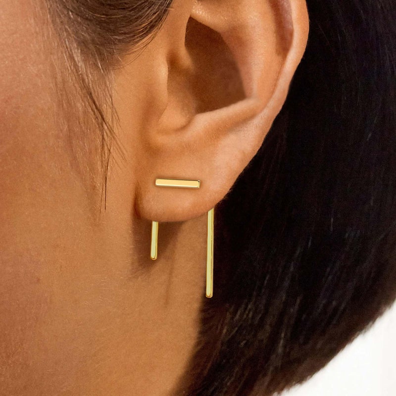 LOYATA Ear Jacket Earrings Gold Stud Bar Thread 14K Gold Plated Dainty Small Simple Hypoallergenic Geometric Jewelry Gift for Women - Image 2